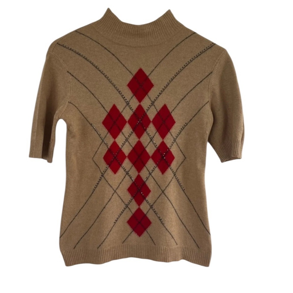 Vintage Escada Red and Tan Argyle Cashmere Knit  Sweater